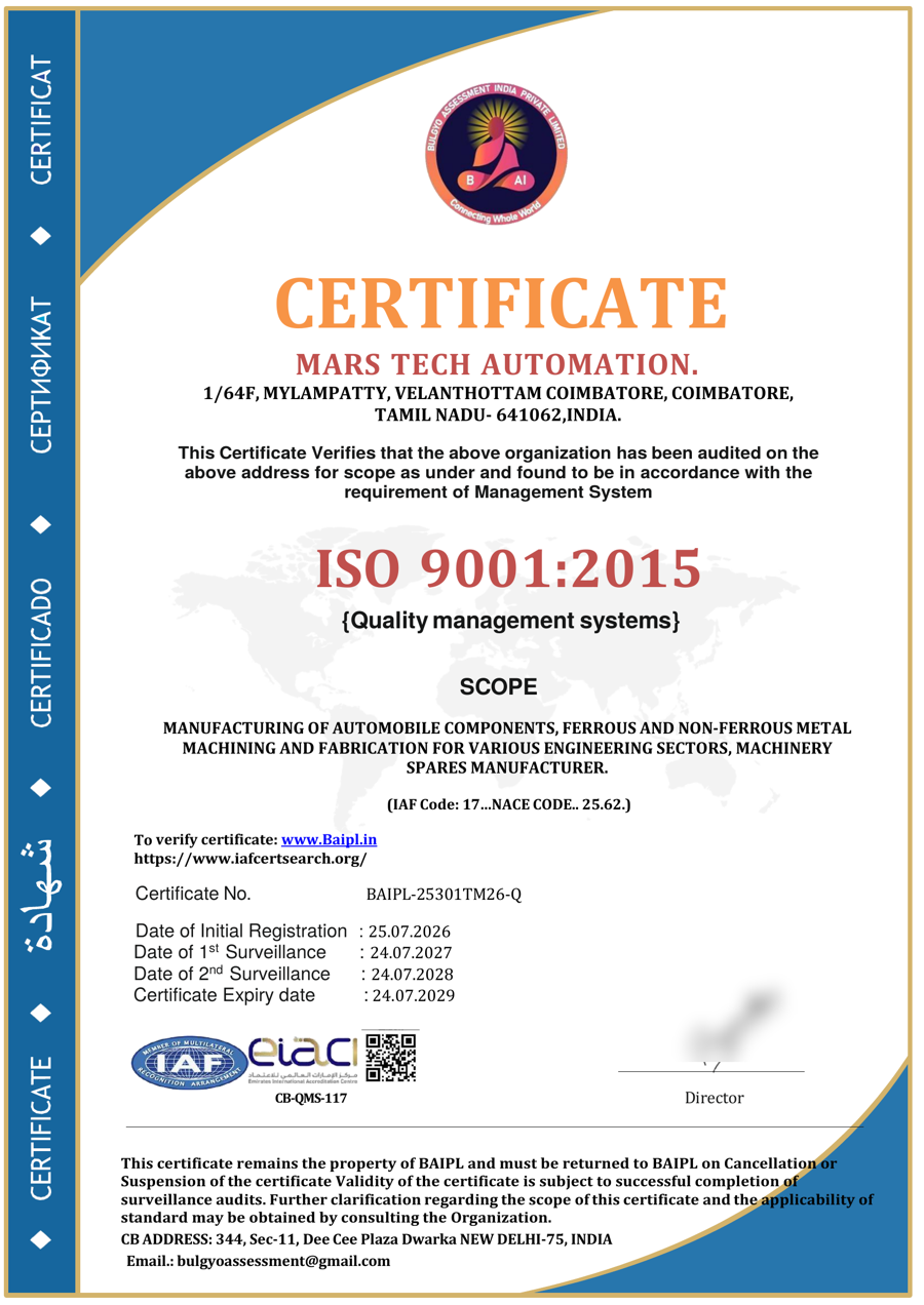 ISO 9001:2015 Certificate — Mars Tech Automation